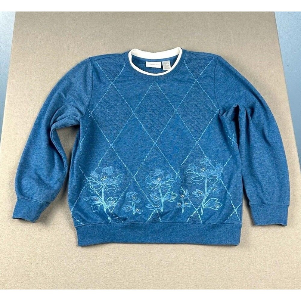 Alfred Dunner Women’s Sweatshirt Blue Sz LRhinestone Embroidered Granny Cottage